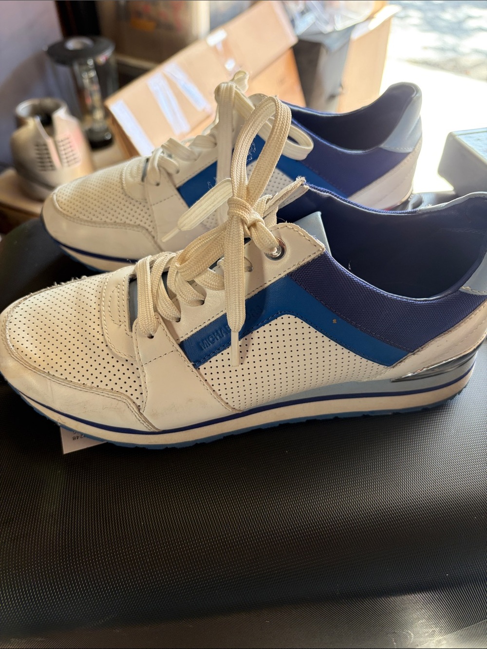Michael Kors White and Blue Perforated Leather Sneakers